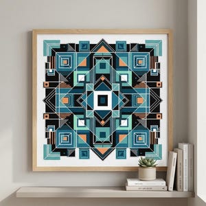 Può includere: Un ricamo a punto croce quadrato con un motivo geometrico simmetrico nei toni del verde acqua, blu scuro, nero, bianco e pesca. Il design è composto da quadrati, triangoli e linee annidati disposti in una griglia complessa e ripetitiva.