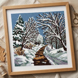 Winter Forest Cross Stitch Pattern PDF, Snowy Path with Wooden Bridge, Nature Embroidery Design