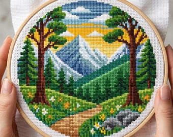 Nature paysage, motif de broderie PDF, chemin de montagne et arbres au point de croix