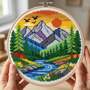 Mountain Landscape Cross Stitch Pattern PDF, River and Forest Embroidery Design, Nature Scene Needlework