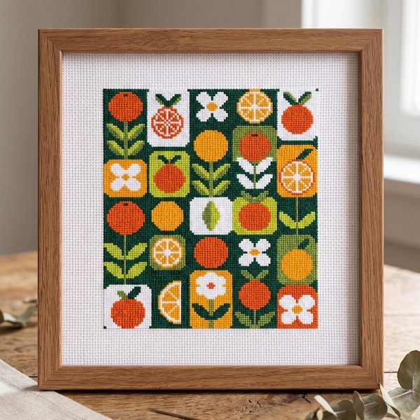 Citrus Fruit Cross Stitch Pattern, Scandinavian Folk Art Embroidery Chart (PDF)