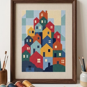 Villaggio scandinavo a punto croce PDF Astratto geometrico PDF Schema di ricamo in stile Memphis