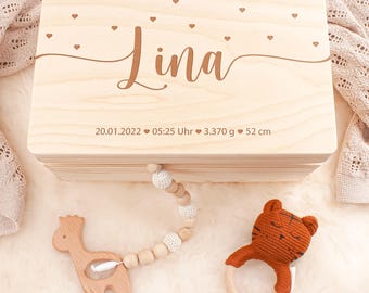 Erinnerungskiste Baby personalisiert aus Holz | Holzkiste mit Name, Herzchen Geburtsdaten Geschenk zur Geburt