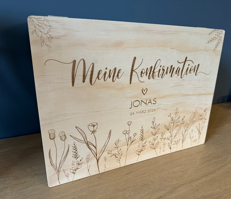 Geschenk Konfirmation, Geschenk Kommunion, Taufe, personalisiert, Erinnerungsbox aus Holz, personalisierte Kiste, Holzkiste, Aufbewahrung, Bild 2