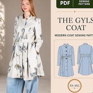 May include: A PDF sewing pattern for The Gyls Coat, featuring a light-colored coat with a blue and grey abstract print, a belted waist, and long sleeves. The digital document includes technical line drawings of the front and back views, size range XS-4XL, and the brand name AinaSewingPatterns.