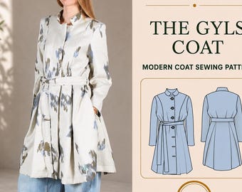 Belted Coat PDF Sewing Pattern, Stand Collar, Front & Back Pleats, XS-4XL
