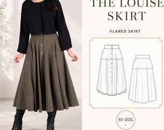 Könnte beinhalten: Ein PDF-Schnittmuster für The Louise Skirt, einen ausgestellten Rock. Das Bild zeigt eine Person in einem langen, olivgrünen Rock mit Knopfleiste und sichtbaren Nähten sowie einem schwarzen Langarmshirt, neben einer technischen Skizze des Rocks.