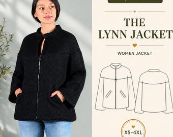 Women's Stand Collar Zip Jacket PDF Sewing Pattern, Drop Shoulder, Welt Pockets, XS-4XL
