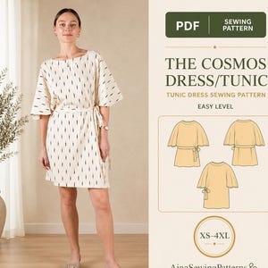 May include: A PDF sewing pattern for The Cosmos Dress/Tunic, featuring an off-white dress with a black vertical dash pattern, short sleeves, and a tie waist. The image includes technical line drawings of the garment and size range XS-4XL.