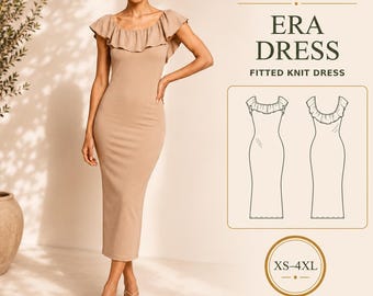 Ruffle Neckline Knit Midi Dress PDF Sewing Pattern, Flutter Sleeves, XS-4XL