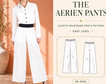 Wide Leg Pants PDF Sewing Pattern, Exposed Elastic Waist, Beginner, XS-XXXL