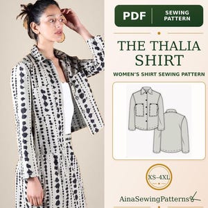 May include: A PDF sewing pattern for The Thalia Shirt, featuring a light-colored shirt with a black vertical abstract pattern. The graphic includes a technical line drawing of the front and back of the shirt, size range XS-4XL, and the brand name AinaSewingPatterns.
