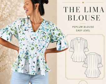 V-Neck Peplum Blouse PDF Sewing Pattern, Shirred Puff Sleeves, Beginner, XS-4XL