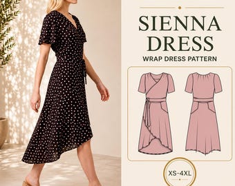 High Low Wrap Dress PDF Sewing Pattern, Flutter Sleeves, Tie Waist, XS-4XL