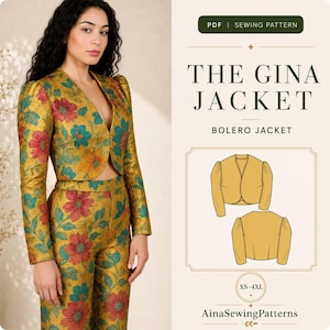 May include: A PDF sewing pattern for The Gina Jacket, a bolero jacket. The image shows a person wearing a gold jacket with a red and teal floral pattern, alongside a technical illustration of the jacket in yellow, labelled sizes XS-4XL.