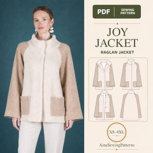 Könnte beinhalten: Ein PDF-Schnittmuster für eine Joy Jacket Raglanjacke mit zweifarbigem Design, cremefarbener Mitte sowie beigen Ärmeln und Taschen. Die Grafik enthält technische Strichzeichnungen der Jacke und eine Größenangabe von XS bis 4XL.