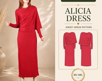 Draped Cape Maxi Dress PDF Sewing Pattern, Long Sleeves, Jersey, XS-4XL