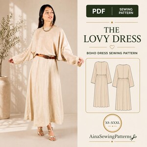 Può includere: Un cartamodello PDF per l'abito The Lovy, un vestito beige lungo fino ai piedi con maniche lunghe e una cintura marrone. L'immagine include testo, un'illustrazione tecnica del davanti e del retro dell'abito e le taglie XS-XXXL di AinaSewingPatterns.