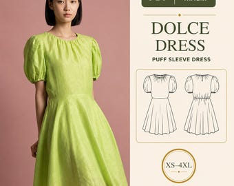 Puff Sleeve Summer Dress PDF Sewing Pattern, Elastic Waist, Beginner, XS-4XL
