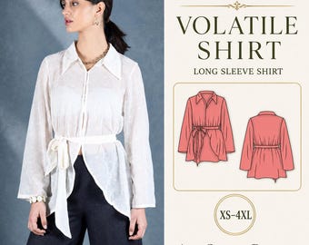 Tie Waist Collared Shirt PDF Sewing Pattern, Hook and Eye Front, XS-4XL
