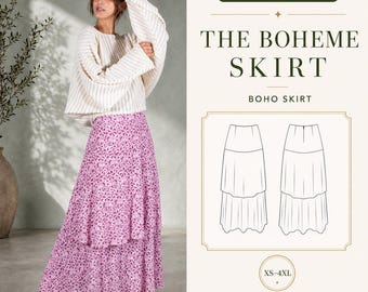 Tiered Ruffle Maxi Skirt PDF Sewing Pattern, Exposed Back Zip, XS-4XL