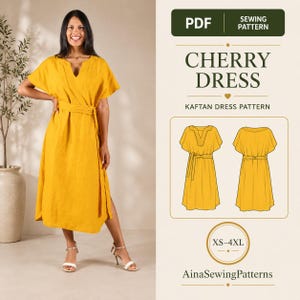 May include: A PDF sewing pattern for a mustard yellow kaftan dress titled Cherry Dress. The pattern includes a V-neckline, short sleeves, and a tie waist belt. The graphic displays front and back technical sketches and size range XS-4XL.