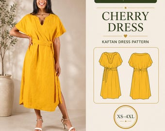 V-Neck Kaftan Dress PDF Sewing Pattern, Kimono Sleeves, Tie Belt, XS-4XL