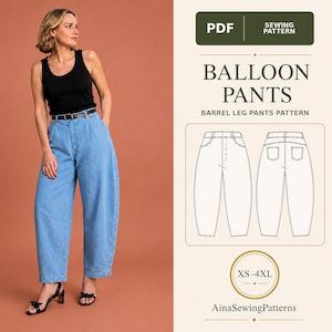 May include: A PDF sewing pattern for balloon pants, also known as barrel leg pants. The graphic includes technical line drawings of the front and back of the pants, with sizing listed as XS-4XL and the brand name AinaSewingPatterns.