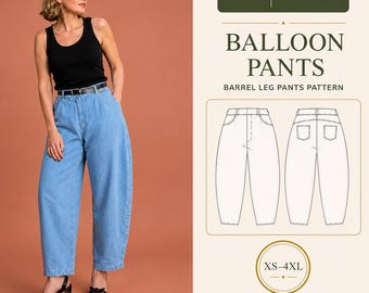 Barrel Leg Pants PDF Sewing Pattern, High Waist, Tapered Hem, XS-4XL