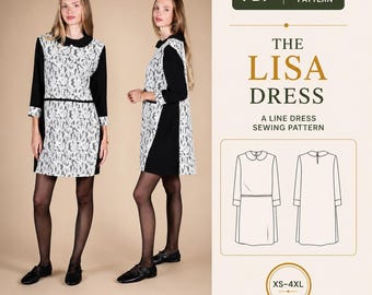 Peter Pan Collar A-Line Dress PDF Sewing Pattern, Contrast Panels, XS-4XL
