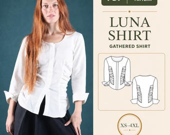Fitted Gathered Shirt PDF Sewing Pattern, Round Neck, Reverse Cuffs, XS-4XL