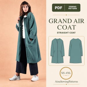 Op de afbeelding: Een PDF-naaipatroon voor de Grand Air Coat, een recht gesneden, blauwgroene jas met een kraagloze halslijn en knoopsluiting. De afbeelding toont een technische illustratie van de voor- en achterkant, met maten variërend van XS tot 4XL.