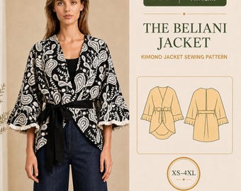 Kimono Jacket PDF Sewing Pattern, Ruffle Sleeve, Tie Waist, XS-4XL