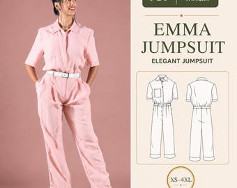 Jumpsuit Sewing Pattern PDF, Shirt Collar Jumpsuit Pattern, Button Front Romper Pattern, Women Sewing Pattern, Pleated Pants Jumpsuit XS-4XL