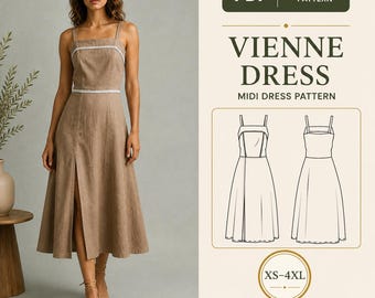 Square Neck Midi Dress PDF Sewing Pattern, Fitted Bodice, Front Slit, XS-4XL