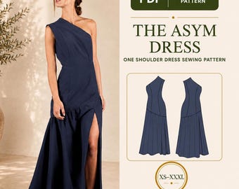 One Shoulder Maxi Dress PDF Sewing Pattern, Drop Waist, High Slit, XS-XXXL