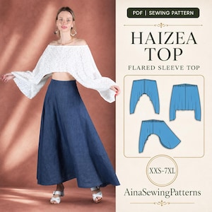 May include: A PDF sewing pattern for the Haizea Top, a flared sleeve top. The image displays a white off-the-shoulder lace top with wide sleeves and a long blue skirt. Technical illustrations show the pattern pieces in blue, with sizes XXS-7XL.