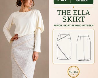 Diagonal Panel Pencil Skirt PDF Sewing Pattern, Fully Lined, Back Vent, XS-4XL
