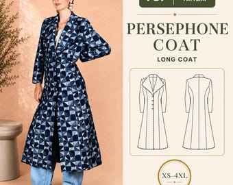 Women's Long Flared Coat PDF Sewing Pattern, Lapel Collar, Easy, XS-4XL