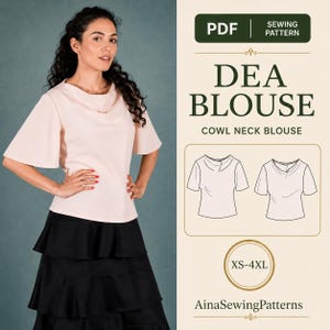 Mönster för sömnad med krage i PDF-format, draperad blus, löst sittande toppmönster, sömnadsmönster för kvinnor, enkelt sömnadsmönster XS-4XL