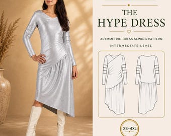 Asymmetric Draped Knit Dress PDF Sewing Pattern, Cowl Back, Long Sleeves, XS-4XL