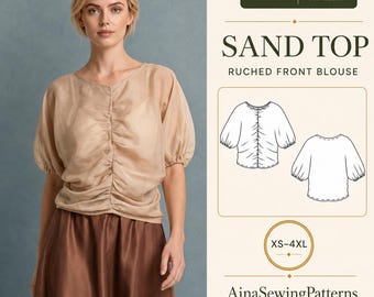 Ruched Front Blouse PDF Sewing Pattern, Dolman Sleeves, Beginner, XS-4XL