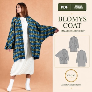 Puede incluir: Un patrón de costura en PDF para el abrigo Blomys, un abrigo de manga japonesa. La imagen muestra un abrigo con estampado azul y verde sobre una blusa y falda blancas, junto a dibujos técnicos en gris del abrigo, tallas XS-5XL indicadas.