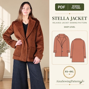 May include: A PDF sewing pattern for the Stella Jacket, an easy-level relaxed jacket. The image displays a brown fuzzy jacket with a lapel collar and two front pockets, alongside a technical illustration showing front and back views in sizes XS-4XL.