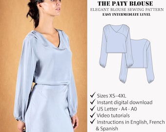 Blouse Sewing Pattern PDF | Women Top Pattern | V Neck Blouse Pattern |Long Sleeve Top | PDF Sewing Pattern | Digital Download XS-4XL
