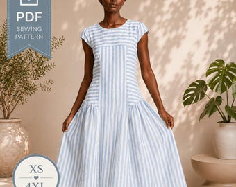Cap Sleeve Midi Dress Sewing Pattern PDF | Fitted Dress with Gathered Side Panels | Women's Dress Pattern XS-4XL