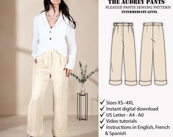 Women pants Sewing Pattern | Pleated pants sewing pattern | Office pants sewing pattern | Pants pattern with cuffed hem | PFD sewing pattern