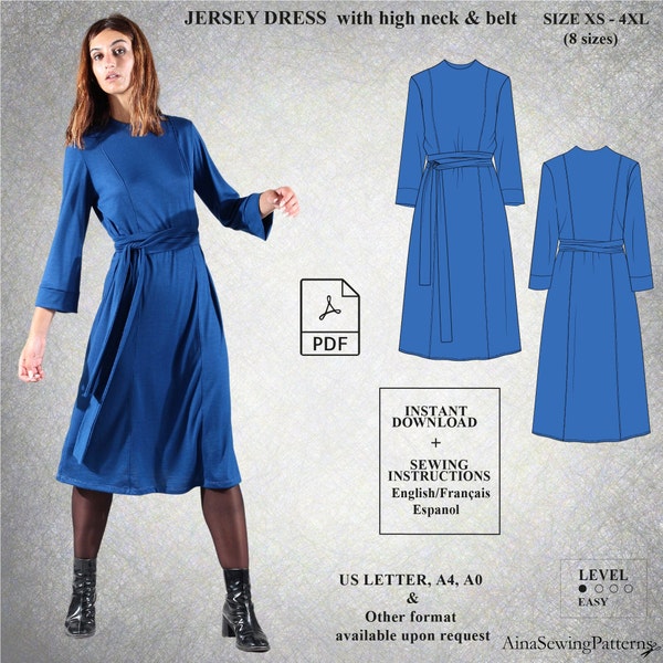 Dress sewing pattern | Long sleeve dress pattern | Winter dress pattern | Jersey dress pattern | High neck dress pattern | Women PDF Pattern