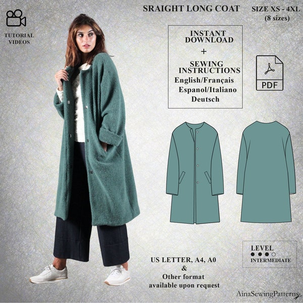 Women coat pattern | Winter coat pattern | Long coat sewing pattern | Straight coat pattern | Modern pattern | Women PDF Sewing Pattern