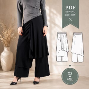 May include: A PDF sewing pattern for black wide-leg trousers with an attached wrap-style skirt overlay. The image includes a technical line drawing showing front and back views, along with a size range label from XS to 4XL on a sage green background.